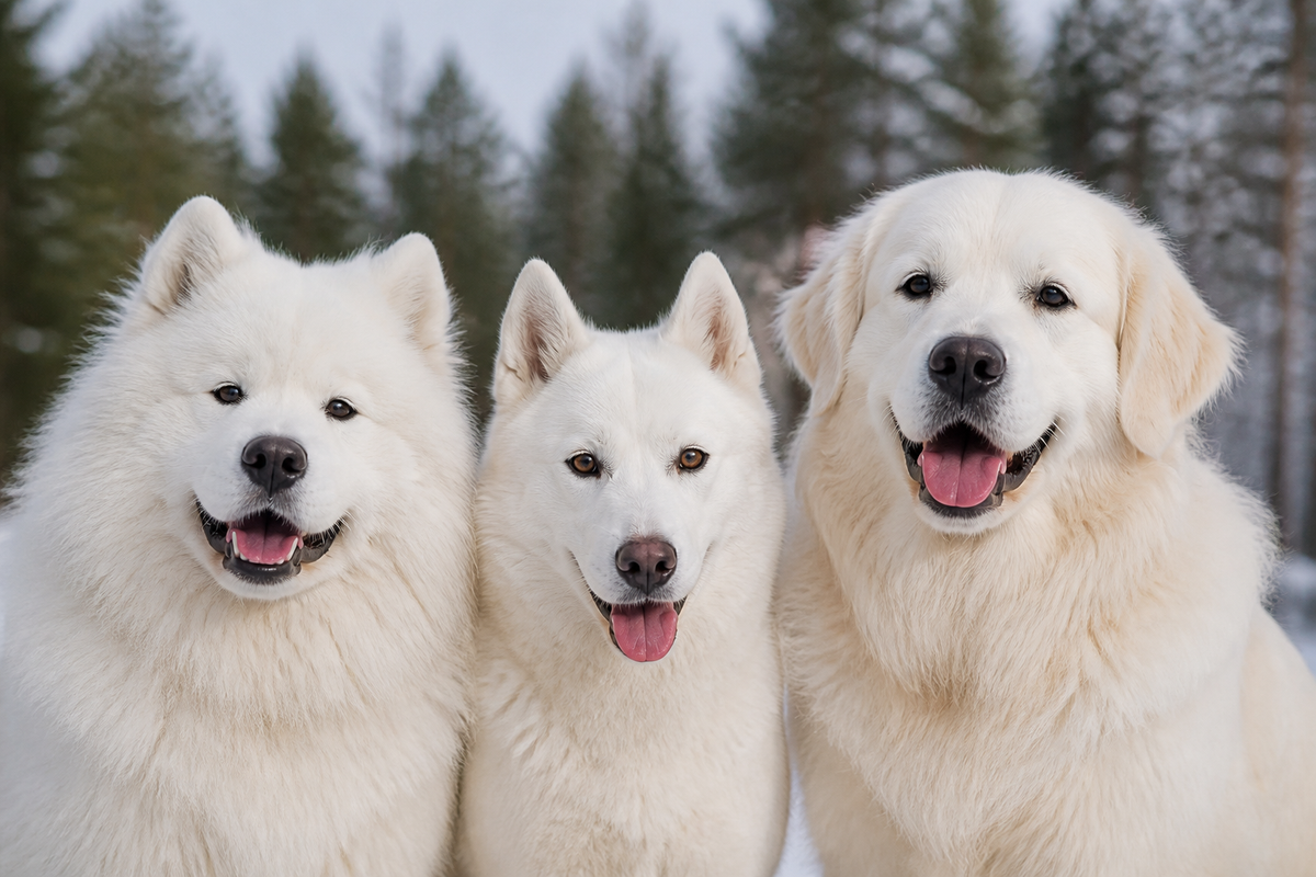 Koda (husky), Gordie (Samoyed), and Kira (Golden Pyrenees) — our Minnesota pack