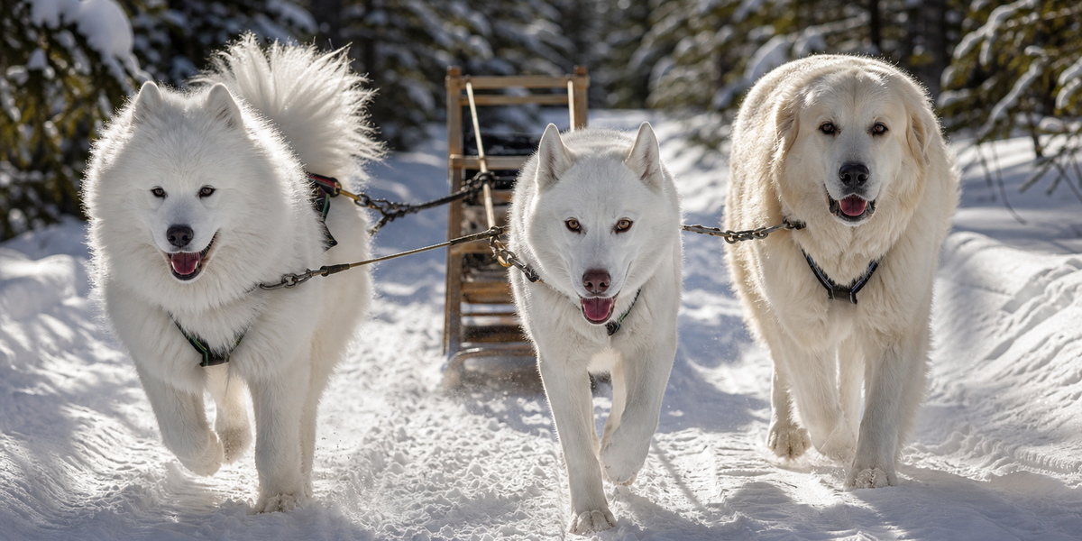 Winter kicksled three white dogs pulling sled — no rider, no mittens